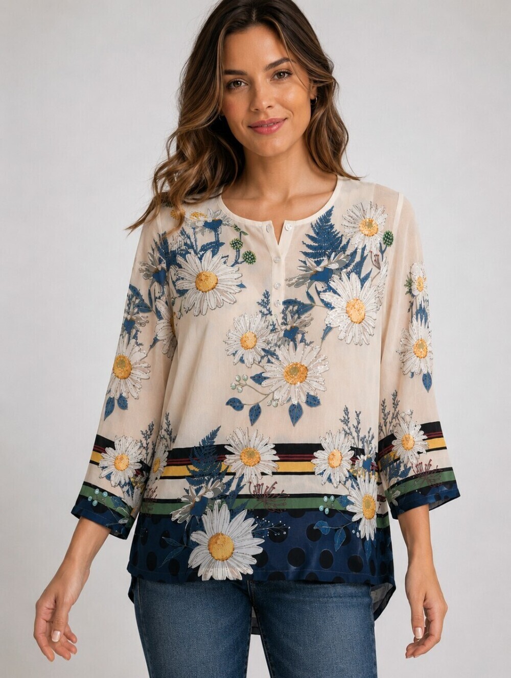 FLORAL DAISY PRINT BLOUSE WITH SEQUIN DETAILS • LIGHT SHEER BOHO TOP